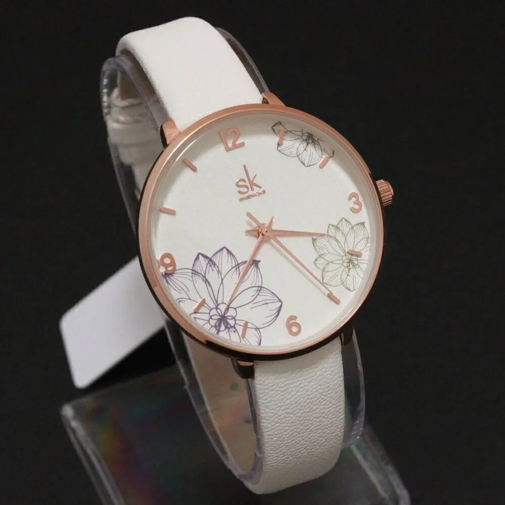 Ladies Dress Quartz Watch White Floral Dial White Strap 32mm